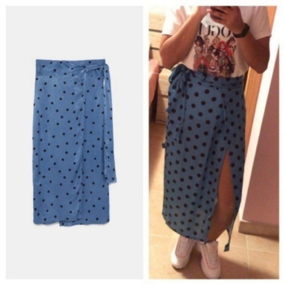 Zara Blue Polka Dot Viscose Wrap Skirt 